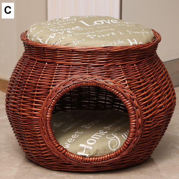 Wicker Cat House Basket with Washable Cushion for Indoor Cats and Dogs, Rattan Cat Bed-Paintingforhome