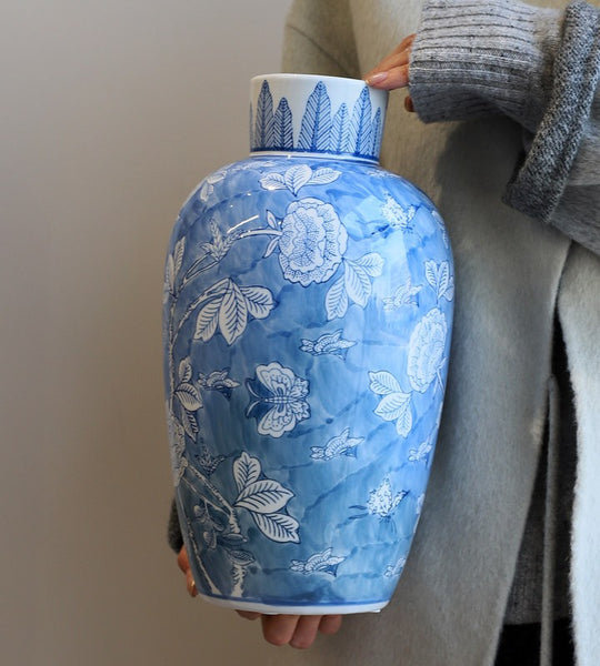 Large Flower Vases on Dining Table, Blue Porcelain Flower Vases, Centerpiece Ceramic Bouquet Vases, Handmade Modern Flower Vase-Paintingforhome