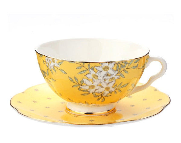Creative Yellow Ceramic Coffee Cups, Unique Flower Coffee Cup and Saucer, Beautiful British Tea Cups, Creative Porcelain Tea Cup Set-Paintingforhome
