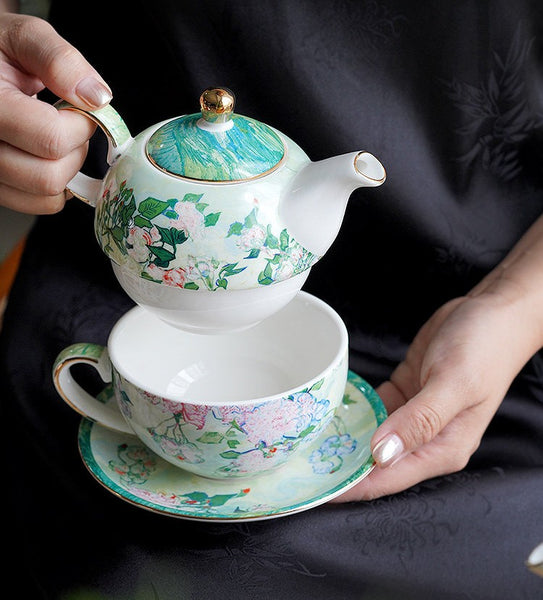 Vintage Style Stackable Tea Pot Set, English Style Tea Pot and Cup Set, Ceramic Tea Pot with Integrated Cup, Mother-and-Baby Teapot with Matching Saucer-Paintingforhome