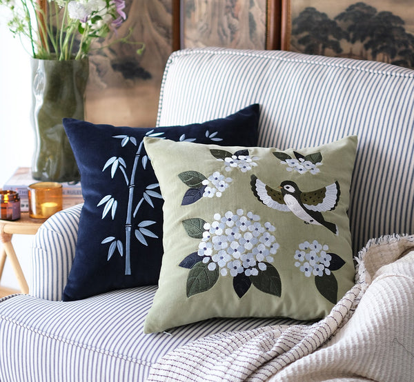 Decorative Pillow Arrangement Ideas for Couch, Living Room Decorative Pillows, Embroidered Swallow Birds Cushion, Large Decorative Pillows for Couch, Modern Throw Pillows for Bedroom-Paintingforhome