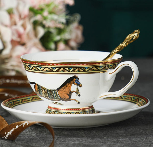 Porcelain Tea Cup and Saucer Set, 7.4 oz British Horse Pattern Coffee Cup with Saucer, Ceramic Tea Cup and Saucer in Gift Box-Paintingforhome