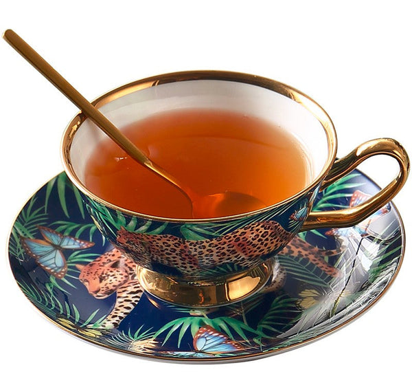 Creative Leopard Ceramic Coffee Cups, 6.8 oz Tea Cup and Saucer in Gift Box as Birthday Gift, Beautiful British Tea Cups, Creative Porcelain Tea Cup Set-Paintingforhome