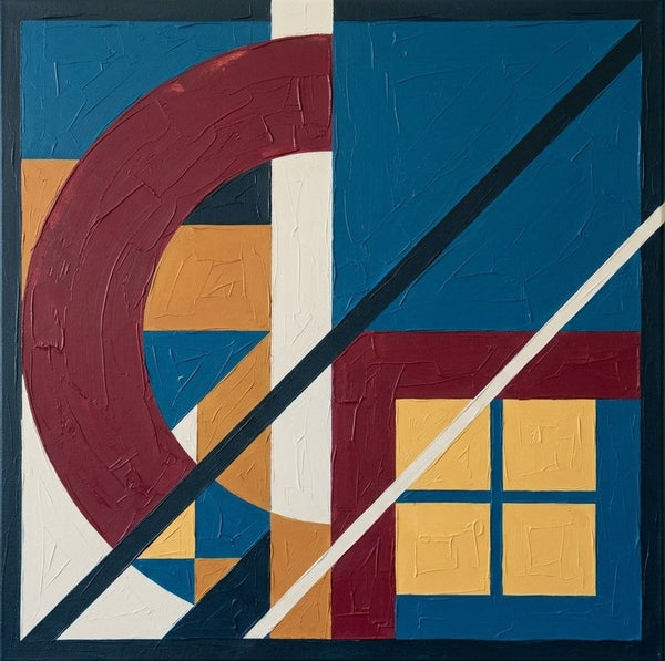 Large Contemporary Artwork, Blue, Dark-Red, Yellow Color Geometric Abstract Artwork for Modernism Bedroom