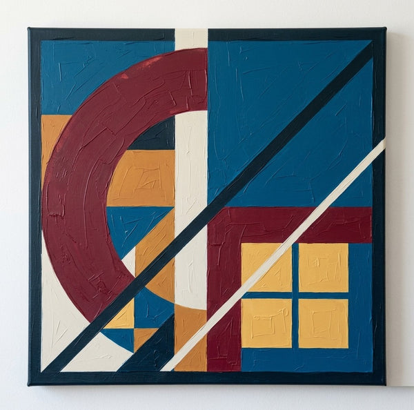 Large Contemporary Artwork, Blue, Dark-Red, Yellow Color Geometric Abstract Artwork for Modernism Bedroom