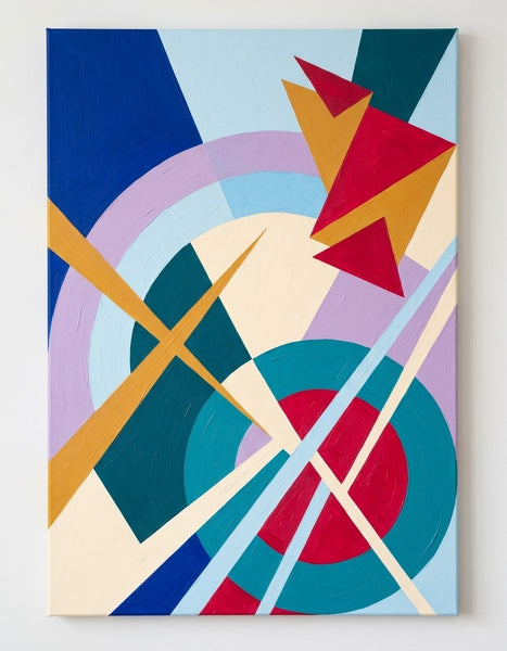 Acrylic Abstract Art, Blue, Yellow, Red Colors, Original Geometric Pattern Abstract Art for Mid-Century Contemporary Living Room