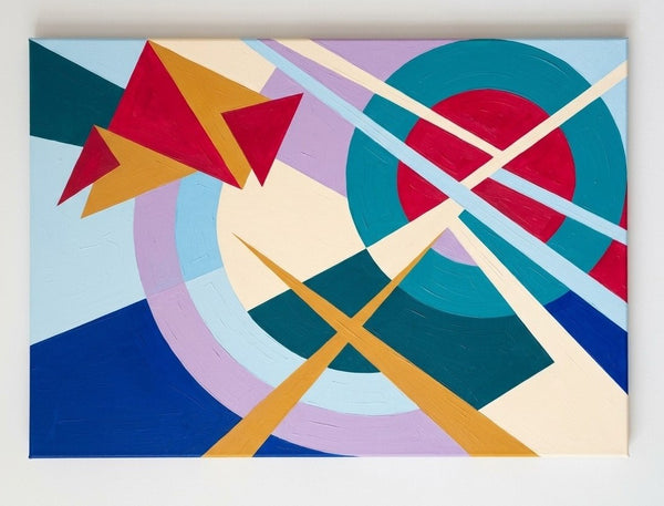 Acrylic Abstract Art, Blue, Yellow, Red Colors, Original Geometric Pattern Abstract Art for Mid-Century Contemporary Living Room