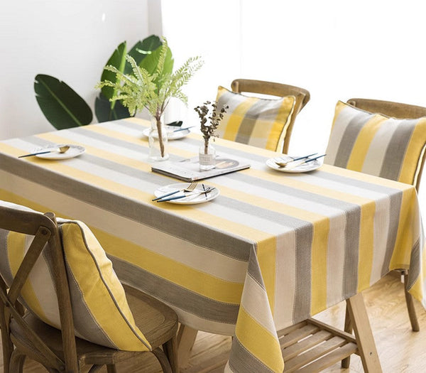 Yellow Stripe Cotton and Linen Tablecloths, Rectangular Tablecloth for Oval Table, Kitchen Rectangular Table Covers, Modern Table Cloths for Dining Room-Paintingforhome