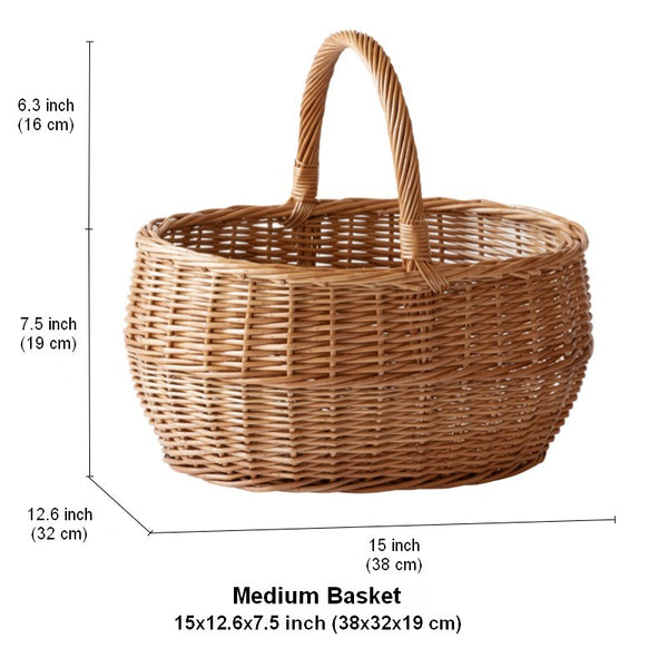 Large Picnic Food Basket with Handle, Natural Hand-woven Wicker Storage Basket, Willow Weaving Baskets for Vegetable, Natural Fruit Basket, Kitchen Storage Baskets-Paintingforhome