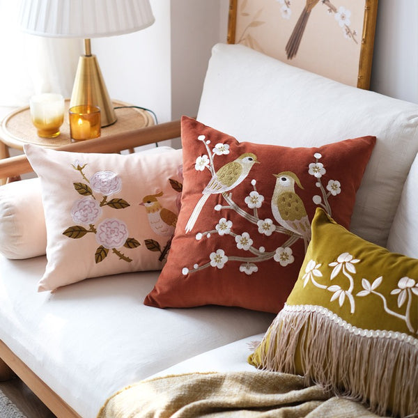 Modern Throw Pillows for Bedroom, Decorative Pillows for Couch, Vintage Decorative Pillows, Embroidered Birds Cushion, Decorative Pillow Arrangement Ideas for Couch-Paintingforhome