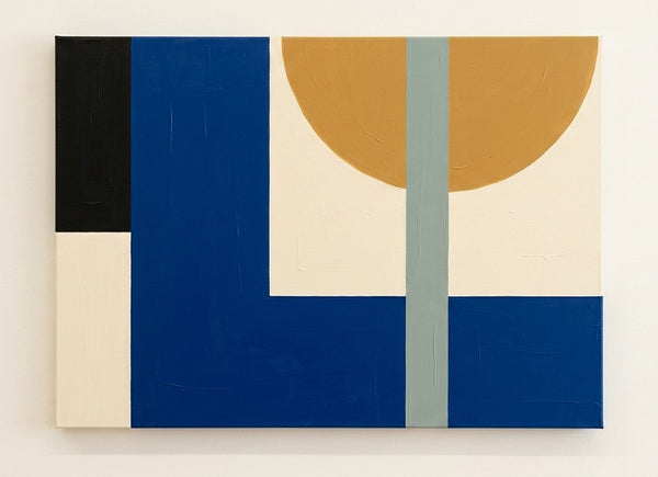 Simple Modern Wall Art, Blue, Yellow, Cream Color Geometric Pattern Abstract Art for Mid-Century Contemporary Living Room