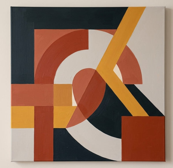 Acrylic Contemporary Wall Art, Terracotta, Charcoal Black, Yellow Color, Geometric Pattern Abstract Paintings for Modernism Decor