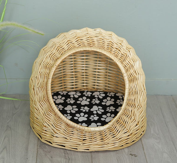 Natural Wicker Cat House Basket with Washable Cushion for Indoor Cats and Dogs, Rattan Cat Bed-Paintingforhome