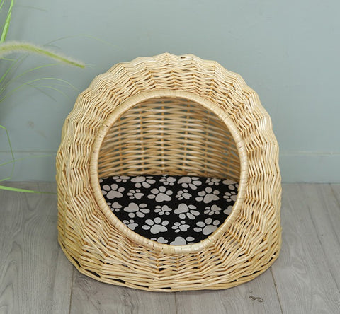 Natural Wicker Cat House Basket with Washable Cushion for Indoor Cats and Dogs, Rattan Cat Bed-Paintingforhome