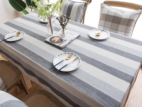 Rectangular Table Covers for Coffee Table, Modern Table Cloths for Dining Room, Gray Stripe Rectangular Tablecloth for Oval Table, Cotton and Linen Tablecloths-Paintingforhome