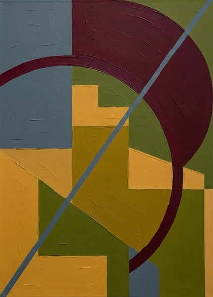 Mustard Yellow, Olive Green, Burgundy Red Colors, Geometric Pattern Contemporary Art for Mid-Century Modern Decor
