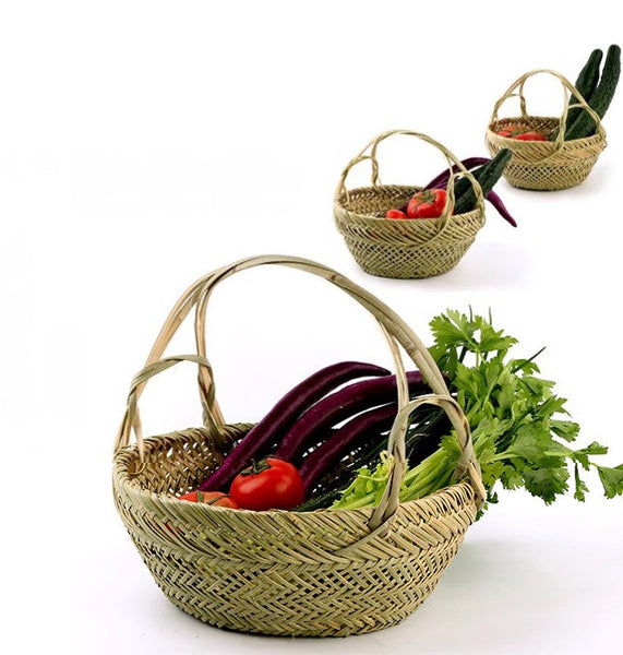 Large Picnic Food Basket with Handle, Natural Hand-woven Bamboo Basket, Lovely Bamboo Baskets for Vegetable, Natural Fruit Basket Kitchen Storage Baskets-Paintingforhome