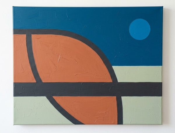 Prussian Blue, Terracotta, Sage Green Colors, Geometric Pattern Abstract Wall Art for Mid-Century Contemporary Living Room