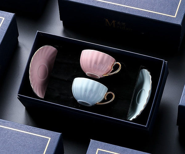 Handmade Beautiful British Tea Cups, Creative Porcelain Tea Cup Saucer Set of 2 Cups, Elegant Macaroon Ceramic Coffee Cups, 6.8 oz Tea Cup and Saucer in Gift Box as Birthday Gift-Paintingforhome