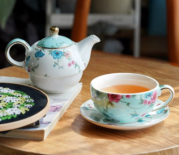Porcelain Teapot with Matching Cup and Saucer in Gift Box, Stackable Teapot and Cup Set, Ceramic Tea Pot with Integrated Cup, Mother and Baby Teapot with Matching Saucer-Paintingforhome