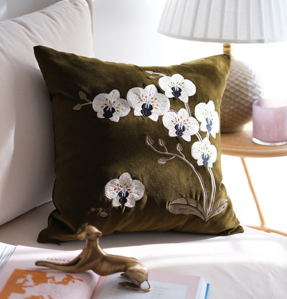 Large Decorative Pillows for Couch, Dark Olive Green Embroidered Moth Orchid Cushion, Decorative Pillow Arrangement Ideas for Couch, Living Room Decorative Pillows, Modern Throw Pillows for Bedroom-Paintingforhome