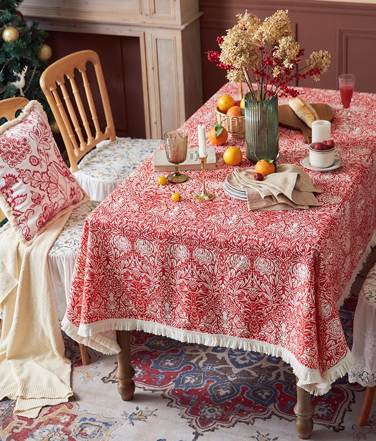 Large Fiberflax Rectangle Tablecloth For Home Decoration, Red Flower Pattern Dining Cover, Classic Style
