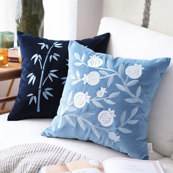 Living Room Decorative Pillows, Blue Embroidered Pomegranate Cushion, Large Decorative Pillows for Couch, Modern Throw Pillows for Bedroom, Decorative Pillow Arrangement Ideas for Couch-Paintingforhome