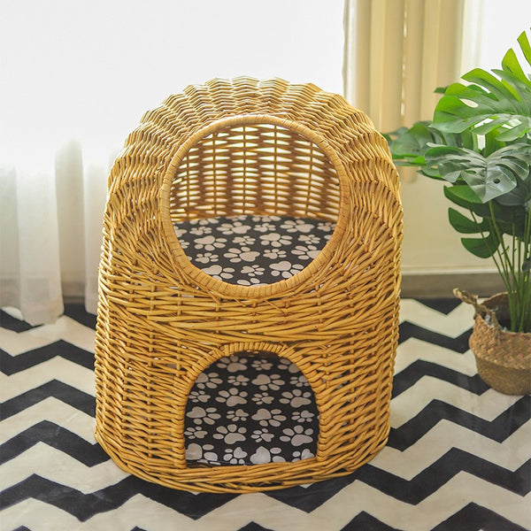 Large Double-Layer Cat Bed, Wicker Cat House Basket with Washable Cushion for Indoor Cats and Dogs-Paintingforhome