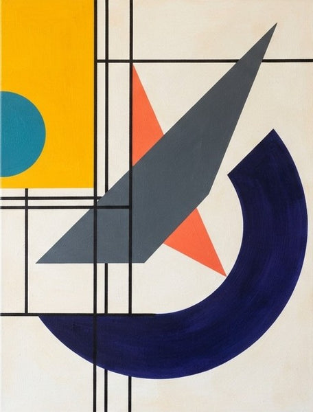 Contemporary Abstract Artwork, Deep Navy Blue, Mustard Yellow, Dark Gray Colors, Original Geometric Modern Paintings