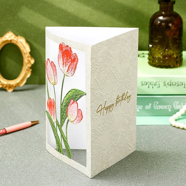 Creative Birthday Greeting Card, Tulip Flower Greeting Cards, Beautiful Greeting Cards to Friends, Original Handmade Greeting Cards-Paintingforhome