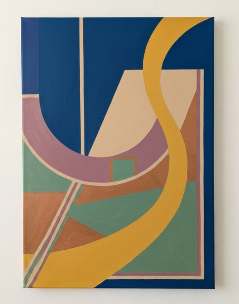 Large Geometric Pattern Abtract Art, Original Modern Canvas Paintings, Prussian Blue, Ginger Yellow, Sage Green Colors