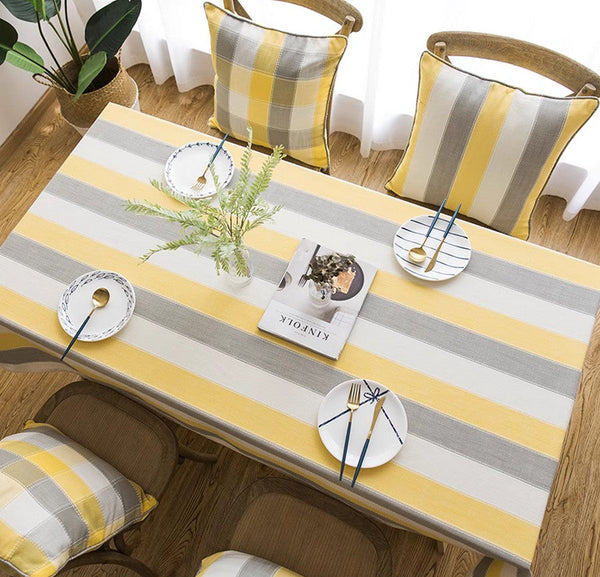Kitchen Rectangular Table Covers, Yellow Stripe Cotton and Linen Tablecloths, Rectangular Tablecloth for Oval Table, Modern Table Cloths for Dining Room-Paintingforhome