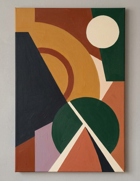 Living Room Wall Art Paintings, Oversized Modern Canvas Art, Yellow, Dark Green, Brown- Red, Earth Tones Geometric Abstract Artwork