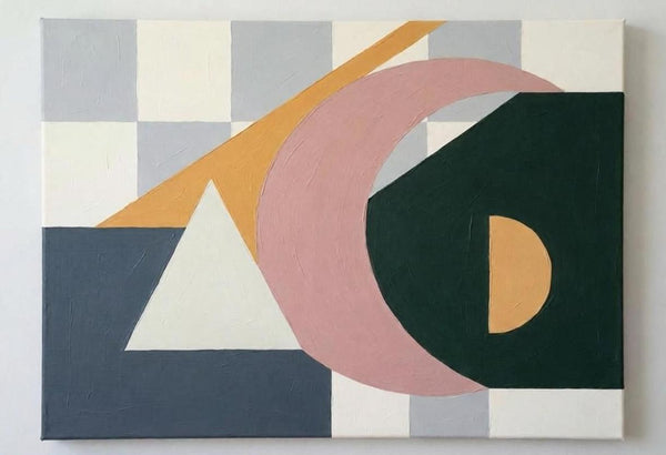 Dark Green, Grayish Blue, Dusty Pink Colors, Geometric Pattern Abstract Wall Art for Mid-Century Contemporary Living Room