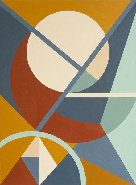 Ochre Yellow, Terracotta, Denim Blue Colors, Geometric Pattern Abtract Art for Mid Century Modern Living Room, Original Modern Canvas Paintings
