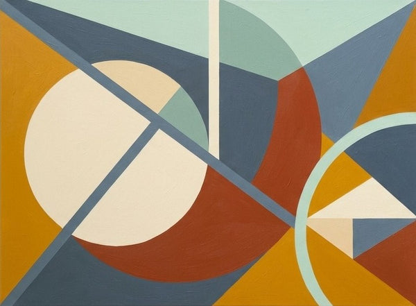 Ochre Yellow, Terracotta, Denim Blue Colors, Geometric Pattern Abtract Art for Mid Century Modern Living Room, Original Modern Canvas Paintings