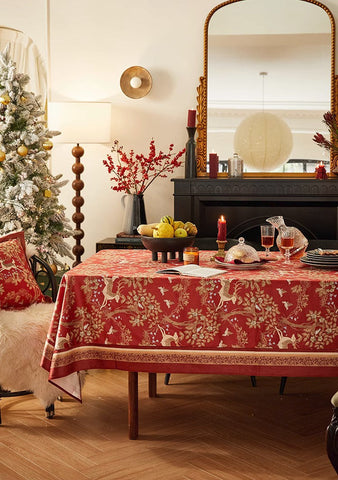 Long Modern Rectangular Tablecloth for Dining Room Table, Forest Deer Red Table Covers, Square Tablecloth for Kitchen, Extra Large Tablecloth for Round Table-Paintingforhome