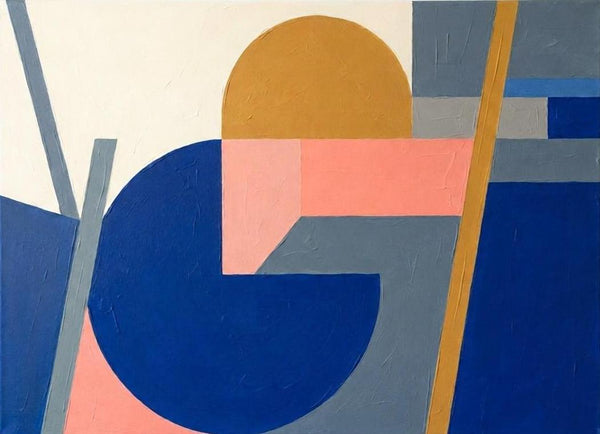 Royal Blue, Mustard Yellow, Coral Pink Colors, Geometric Pattern Contemporary Art Paintings for Mid-Century Modern Decor