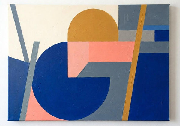 Royal Blue, Mustard Yellow, Coral Pink Colors, Geometric Pattern Contemporary Art Paintings for Mid-Century Modern Decor
