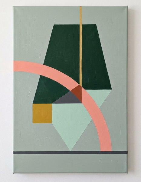 Original Abstract Paintings, Dark Green, Light Sega Green, Pinkish Coral Colors, Geometric Pattern Modern Canvas Artwork