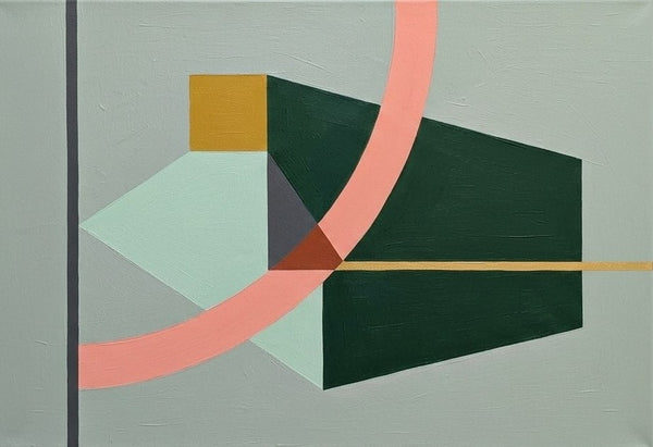 Original Abstract Paintings, Dark Green, Light Sega Green, Pinkish Coral Colors, Geometric Pattern Modern Canvas Artwork