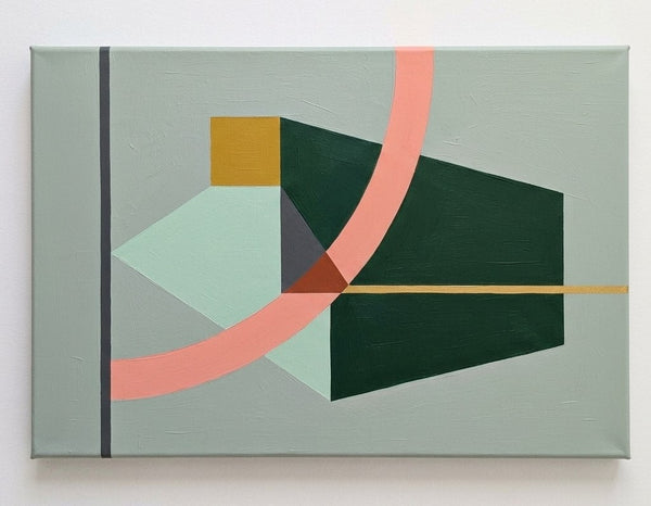 Original Abstract Paintings, Dark Green, Light Sega Green, Pinkish Coral Colors, Geometric Pattern Modern Canvas Artwork