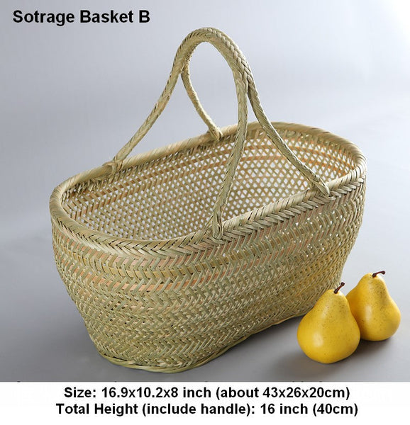 Lovely Bamboo Baskets for Vegetable, Natural Fruit Basket Kitchen Storage Baskets, Picnic Food Basket with Handle, Large Natural Hand-woven Bamboo Basket-Paintingforhome