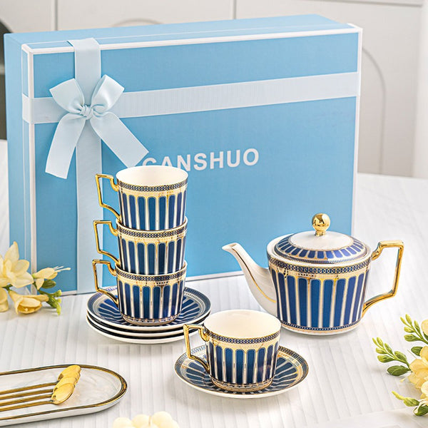 Porcelain Tea Cup and Saucer Set of 4 cups, British Tea Cup Set, 7.4 oz Blue Ceramic Tea Cup and Saucer Set with Teapot, Modern Blue Coffee Cup with Saucer-Paintingforhome