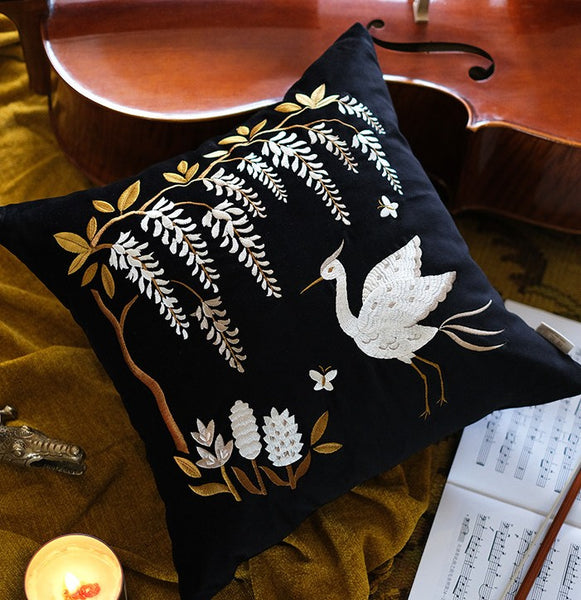 Decorative Pillow Arrangement Ideas for Bed, Embroidered Egret Cushion, Vintage Decorative Pillows, Luxury Decorative Pillows for Couch, Modern Throw Pillows for Couch-Paintingforhome