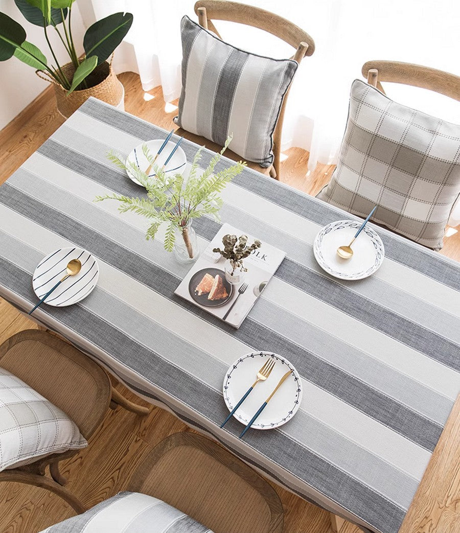 Gray Stripe Rectangular Tablecloth for Oval Table, Rectangular Table Covers for Coffee Table, Modern Table Cloths for Dining Room, Cotton and Linen Tablecloths-Paintingforhome
