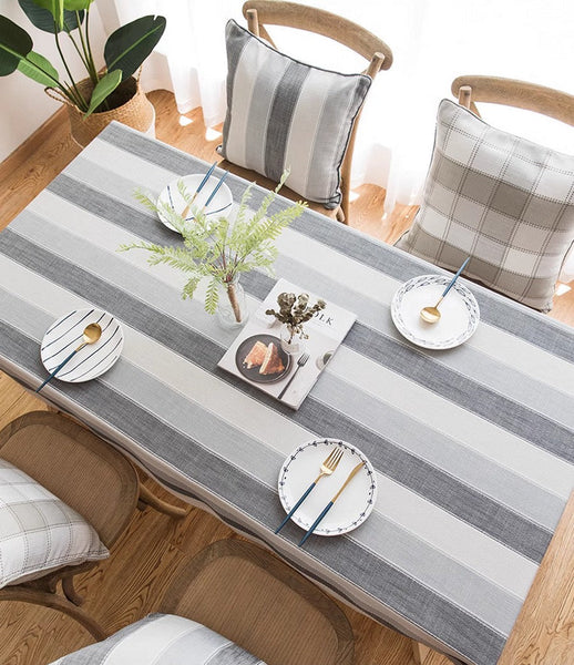 Gray Stripe Rectangular Tablecloth for Oval Table, Rectangular Table Covers for Coffee Table, Modern Table Cloths for Dining Room, Cotton and Linen Tablecloths-Paintingforhome