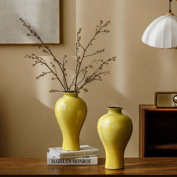 Porcelain Flower Vases, Handmade Water Holding Flower Vase, Yellow Flower Vases on Table, Ceramic Bud Vases-Paintingforhome