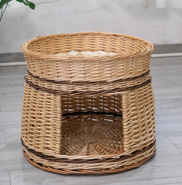 Large Double-Layer Cat Bed, Wicker Cat House Basket with Washable Cushion for Indoor Cats and Dogs-Paintingforhome