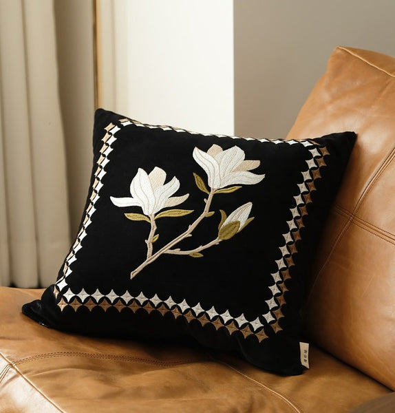 Decorative Pillow Arrangement Ideas for Couch, Magnolia Embroidered Cushion, Large Decorative Pillows for Couch, Modern Throw Pillows for Bedroom, Living Room Decorative Pillows-Paintingforhome